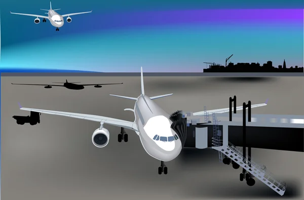 Flugzeuge in Flughafen-Illustration — Stockvektor