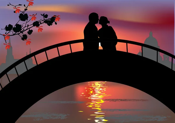 Paar auf Brücke bei Sonnenuntergang — Stockvektor