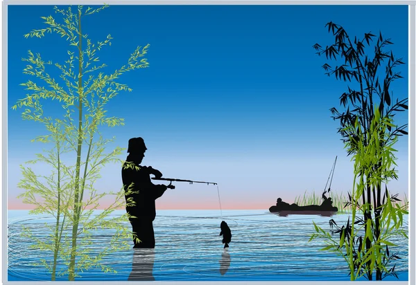 Pescadores en el lago azul ilustración — Vector de stock