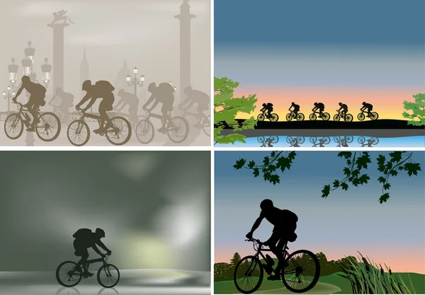 Quatre illustrations avec cycliste de plein air — Image vectorielle