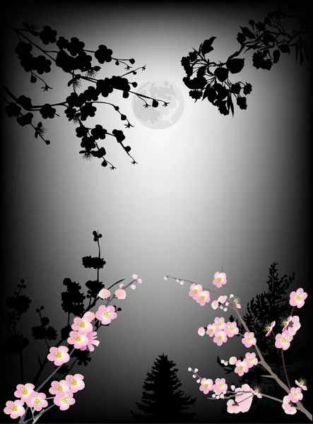 月の下でピンクの桜の木の枝 — ストックベクタ
