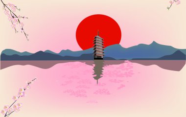 pagoda yakın göl ile pembe illüstrasyon