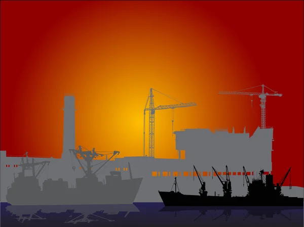 Промислові кораблі та будівництво нового міста на заході сонця — стоковий вектор