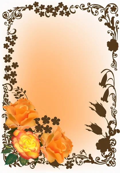 Orange roses in brown decorated frame — Stock Vector