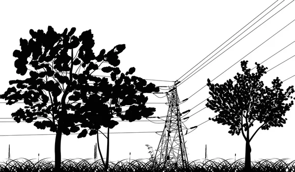 Pilón eléctrico entre árboles aislados en blanco — Vector de stock