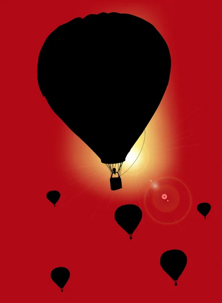 Ballon silhouetten op Rode zonsondergang achtergrond — Stockvector