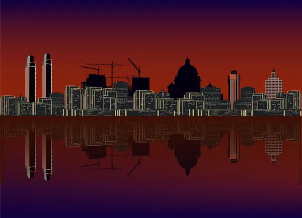 Noche gran ciudad con reflejo — Vector de stock