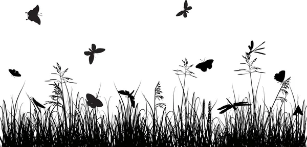 Papillons en silhouette d'herbe sur fond blanc — Image vectorielle