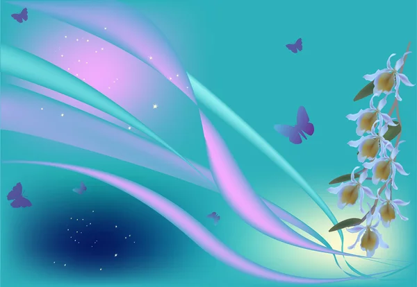 紫丁香色兰花和蓝蝴蝶 — 图库矢量图片