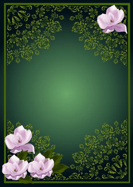 Pink flowers in green decorated frame — Stock Vector