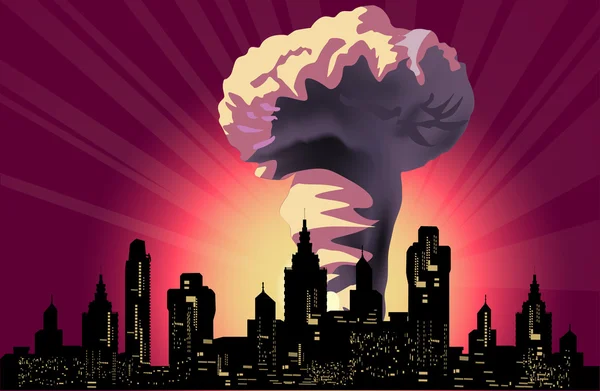 Atomaire explosie wolk in moderne stad — Stockvector