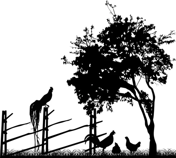 家禽と白の femce の近くの木 — ストックベクタ