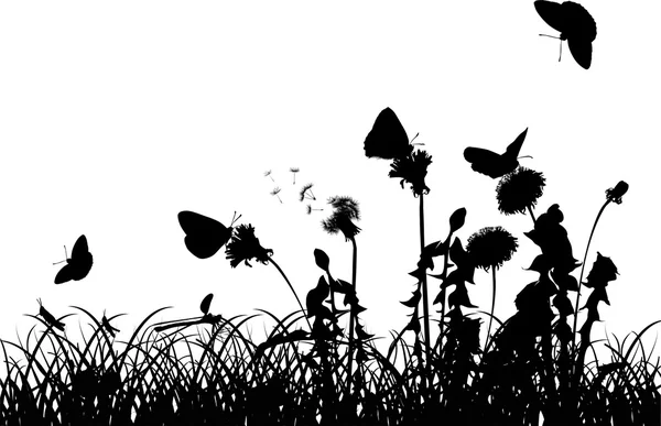 Insectes noirs dans l'herbe avec des pissenlits — Image vectorielle