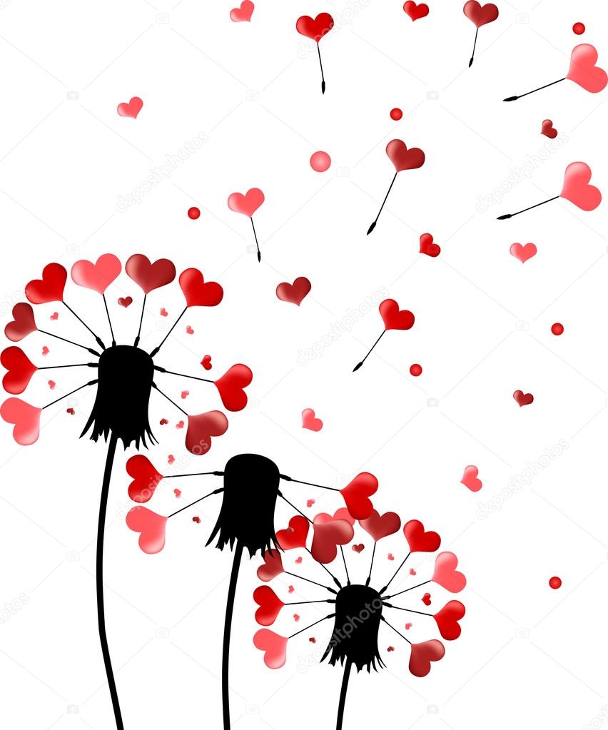 three dandelions and red heart shape seeds