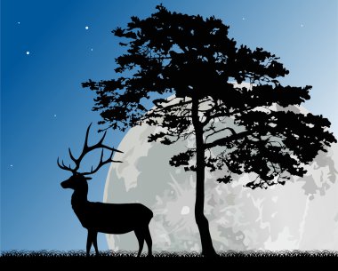 dolunay, çam ve geyik silhouettes