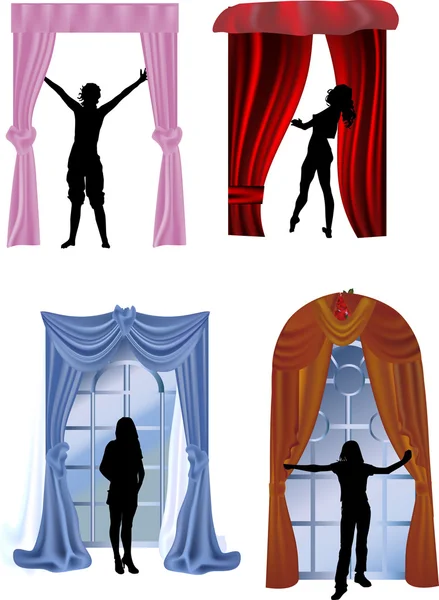 Set of girls near curtains — Stock Vector