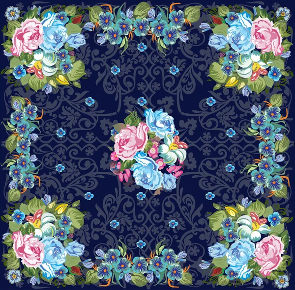 Blauwe vierkante samenstelling met roze rozen — Stockvector