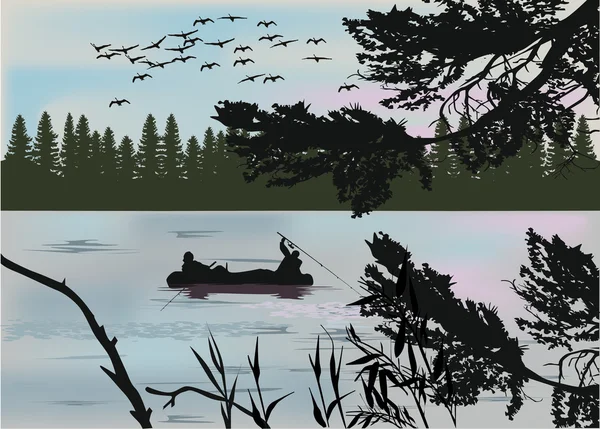 Pescatori in barca silhouette scura — Vettoriale Stock