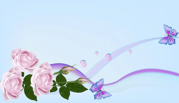 Tres rosas rosadas y mariposas azules — Vector de stock