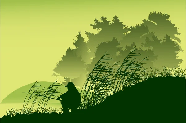 绿色森林湖附近的渔夫剪影 — 图库矢量图片