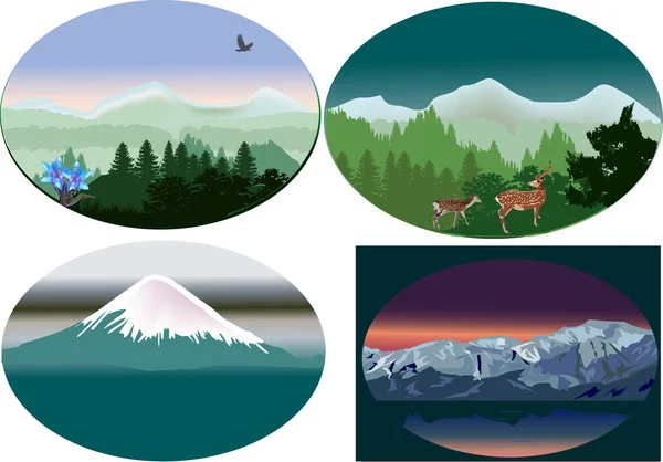 Ensemble de quatre paysages de montagne verdoyants — Image vectorielle