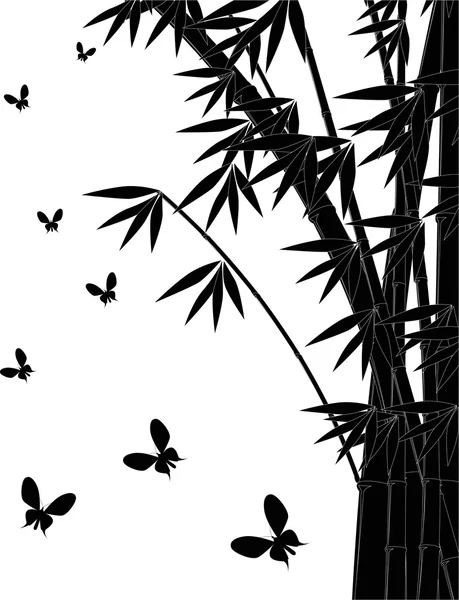Bamboe en kleine vlinders silhouetten — Stockvector