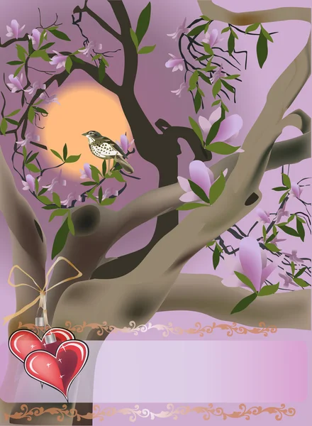 Lilac tree blossom and bird — Stock Vector