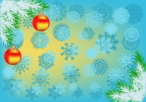 Fondo de copos de nieve azul y dos bolas de Navidad rojas — Vector de stock