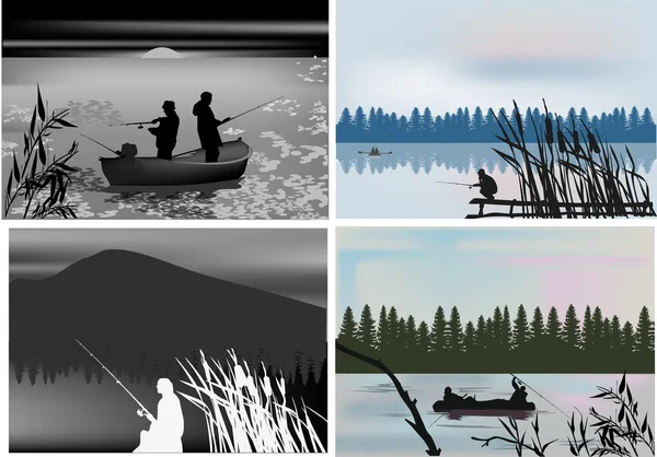 Fyra kompositioner med fiskare silhuetter — Stock vektor