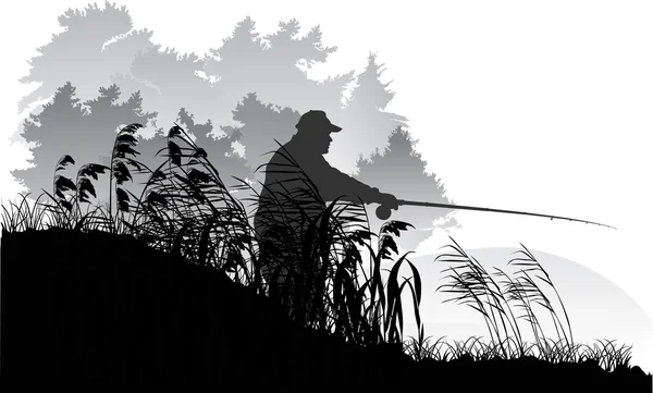 Fisherman silhouette near grey forest lake — Stock Vector