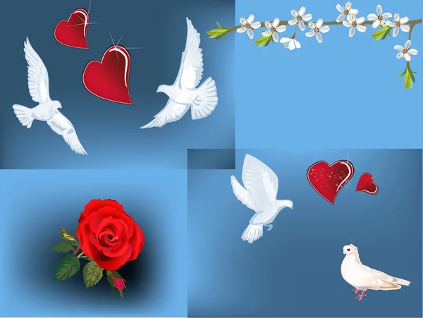 Palomas, flores y corazones en azul — Vector de stock