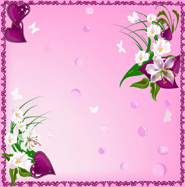 Flowers and dark pink hearts in frame — Stock Vector