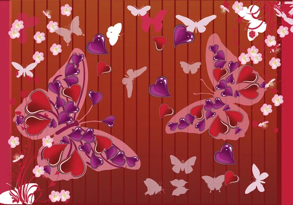 Kelebekler ve kalpleri ile kırmızı bir arka plan — Stok Vektör