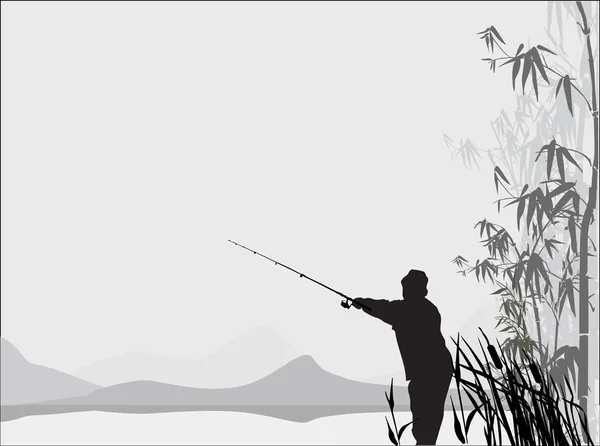 Grey fisherman near bamboo — Stock Vector