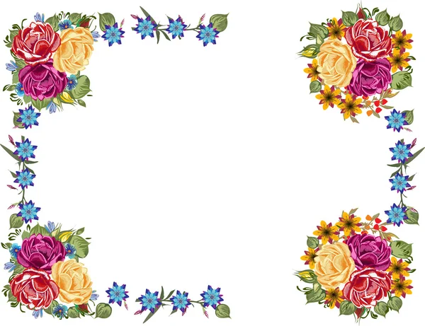 Frame van rood en geel roze bloemen op wit — Stockvector