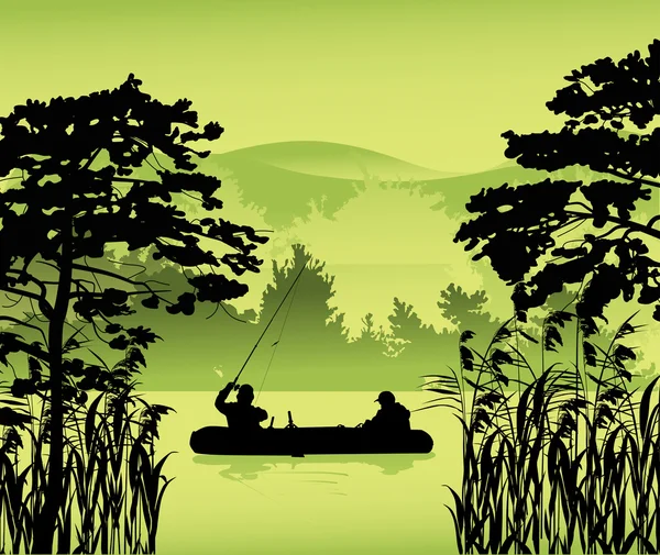 Pescadores en barco entre árboles — Vector de stock