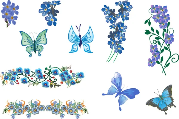 Collection de papillons et fleurs bleus isolés sur blanc — Image vectorielle