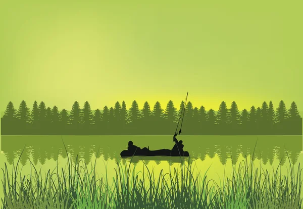 Bateau avec pêcheurs dans le lac de forêt verte — Image vectorielle