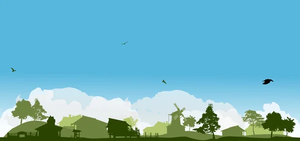 Campagne paysage vert avec nuages — Image vectorielle