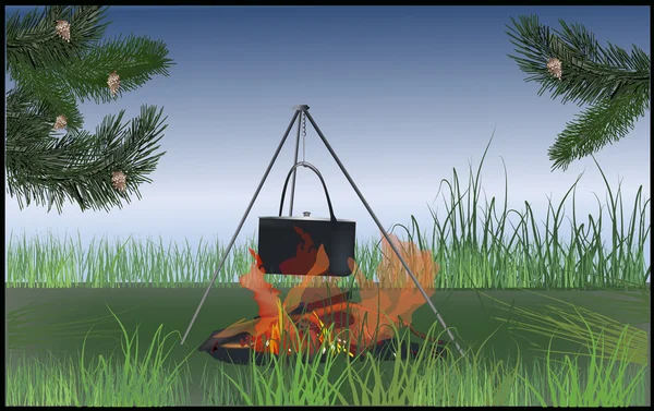 Cauldron above bonfire in green grass — Stock Vector