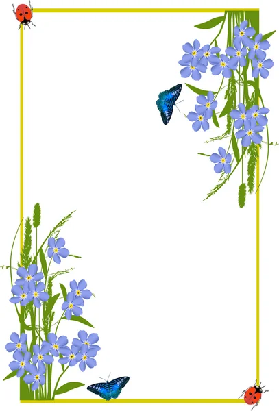 Red bugd on blue spring flowers frame — Stock Vector