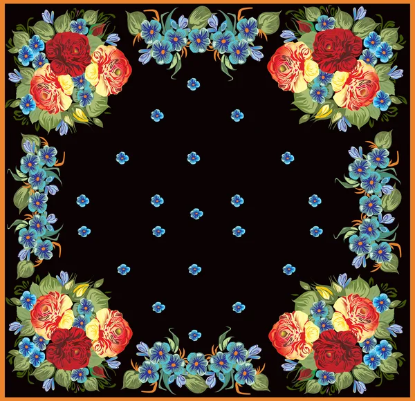 Diseño cuadrado con rosas rojas y flores pequeñas azules — Vector de stock