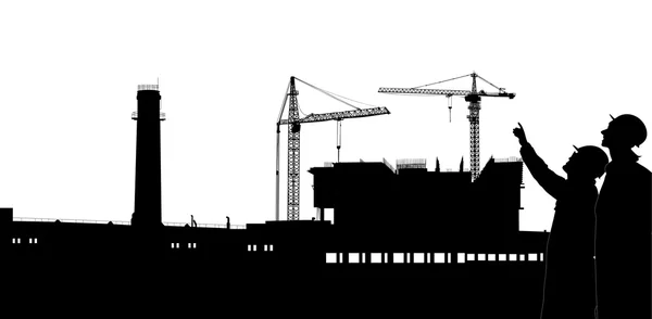 Illustration with builder and crane silhouettes — Stock Vector