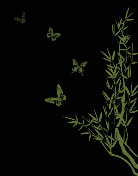 Bambú y cuatro mariposas en negro — Vector de stock