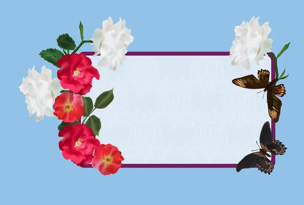バラの花と蝶ブルー フレーム — ストックベクタ