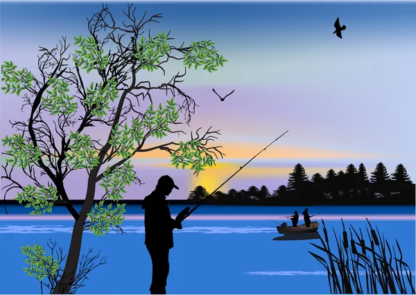 Pescatore vicino all'albero al tramonto — Vettoriale Stock