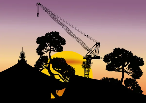 Grue à tour et arbres au coucher du soleil jaune — Image vectorielle