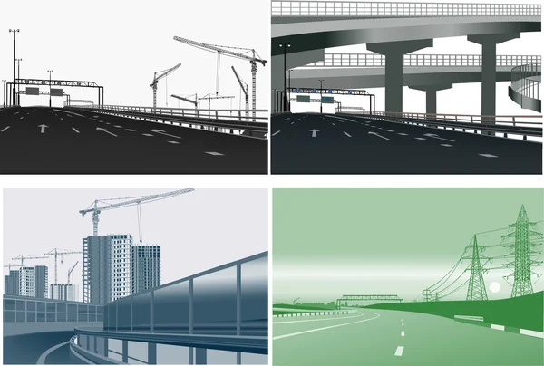 Quatre rues dans des paysages industriels monochromes — Image vectorielle