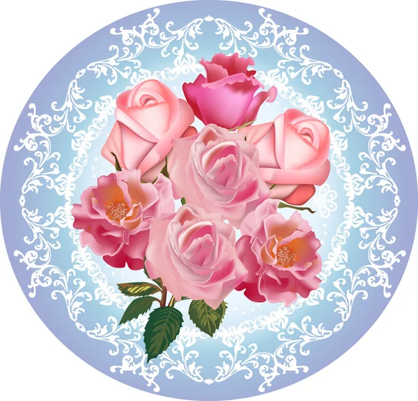 Rosas rosadas diseño redondo sobre fondo azul — Vector de stock