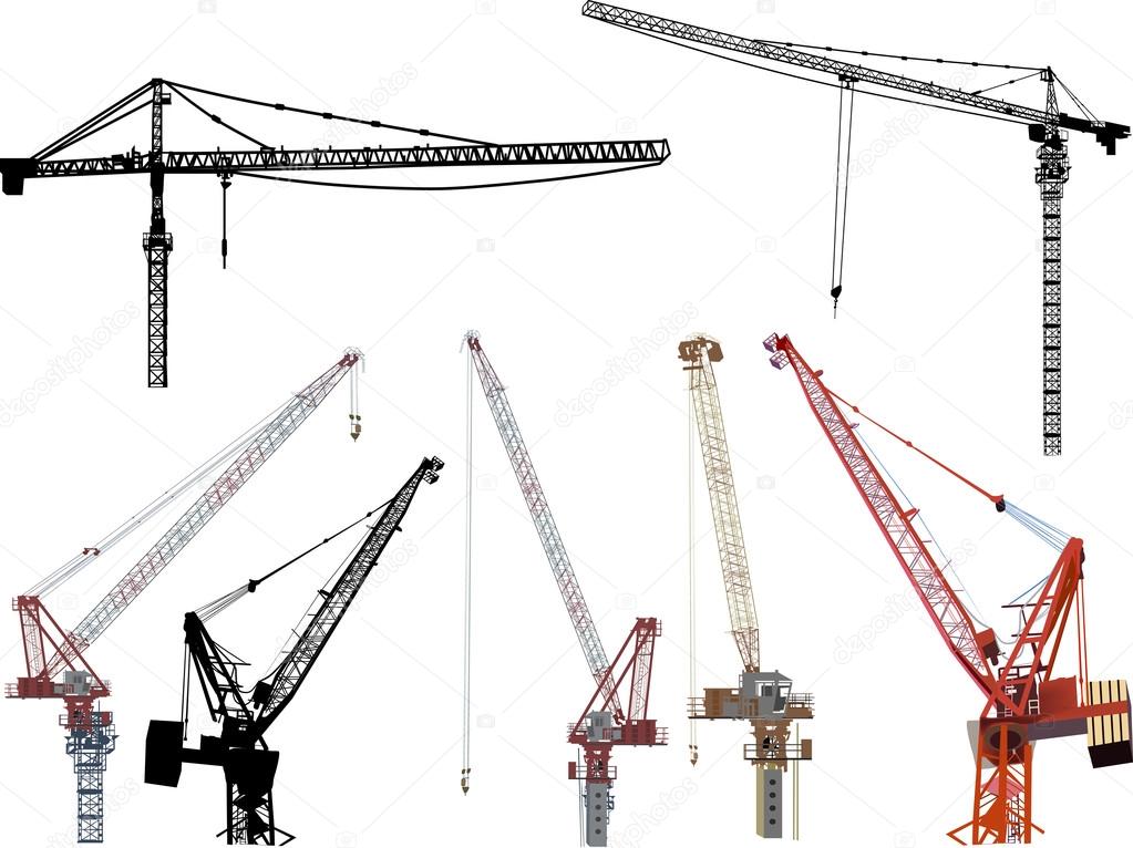 seven building cranes isolated on white